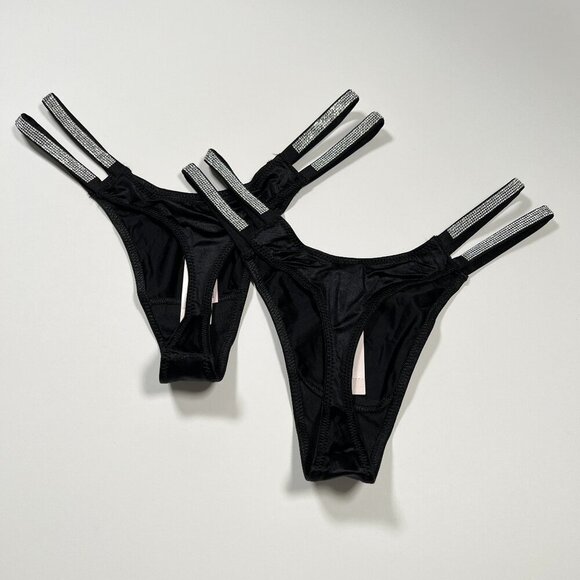 Victoria Secret XS Double Shine Strap Thong String PANTIES Black Bling Lot of 2 - Picture 3 of 5